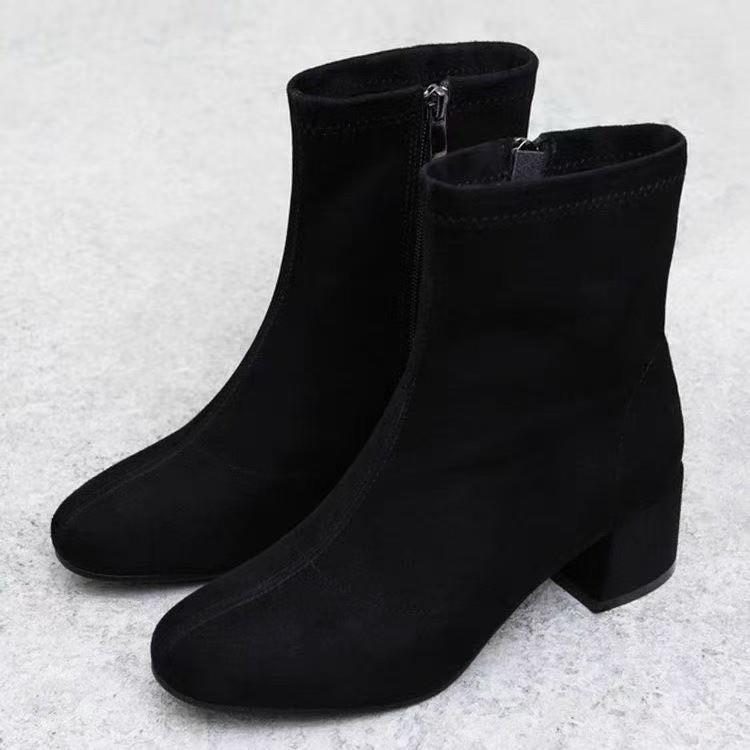 

Квадратные ботинки Мартина, узкие ботинки, весна и осень 2025, новые универсальные замшевые ботильоны, ботинки-носки, высокий каблук, французские короткие ботинки 40 чёрный