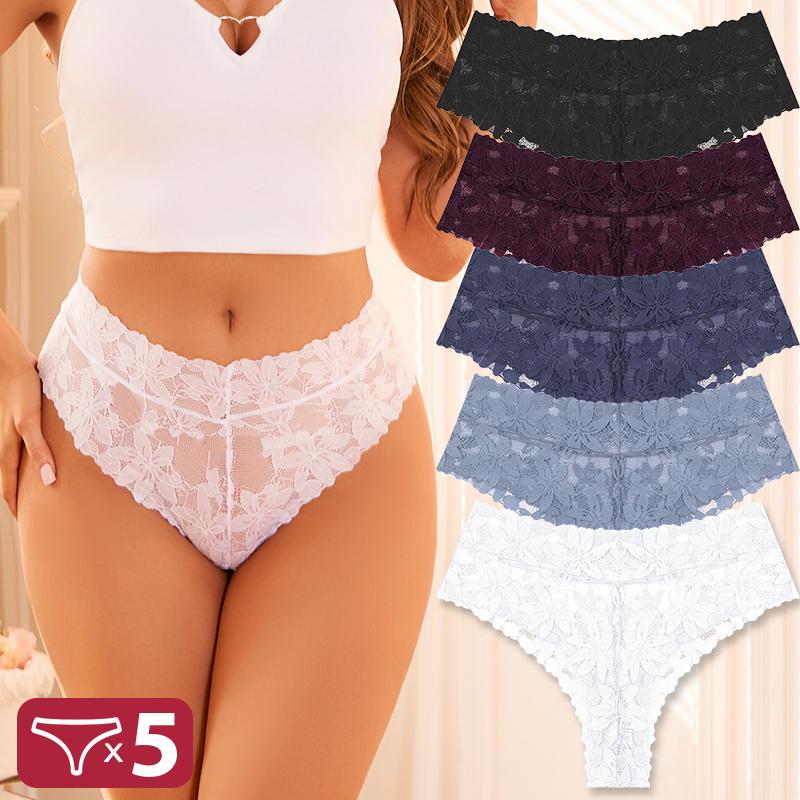 FINETOO 5 Bucăți Tanga Sexy din Dantelă Femei Chiloți cu Talie Joasă Sexy Moi Lenjerie Intimă Doamne Chiloți Florali Trendy Lenjerie Intimă Femei