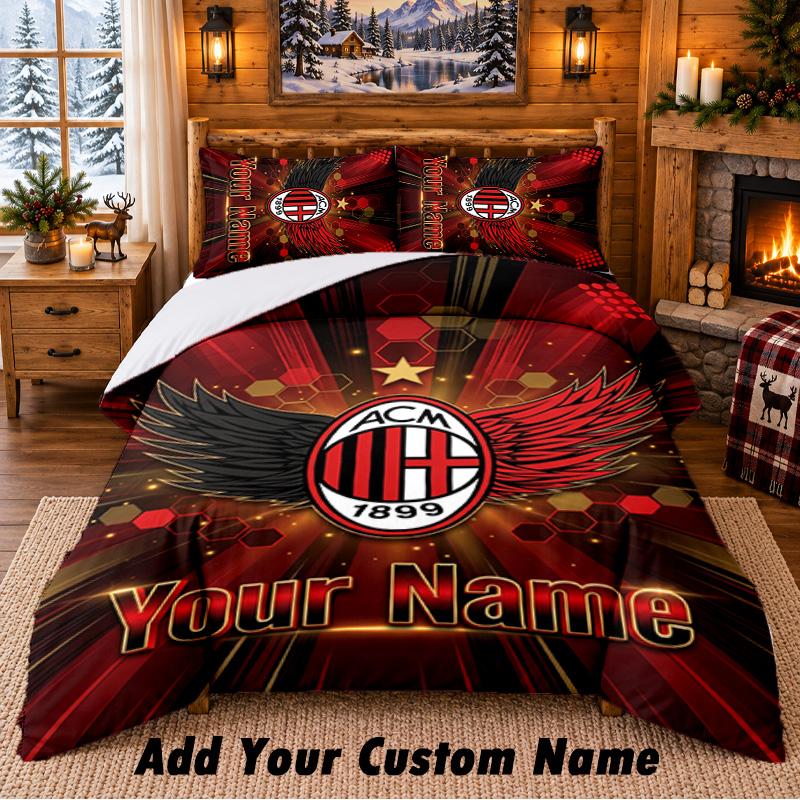AC Milan Pattern Bedding 3Pcs Set Custom Name, Bed Sheet And Pillowcases For Home Bedroom