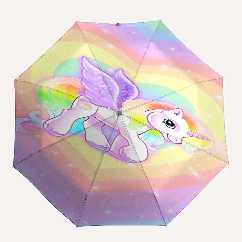 Rainbow Heart Unicorn Automatic Folding Umbrella: Portable 3-Fold Design with Iron Frame, Perfect for Fans and Outdoor Use0104407a
