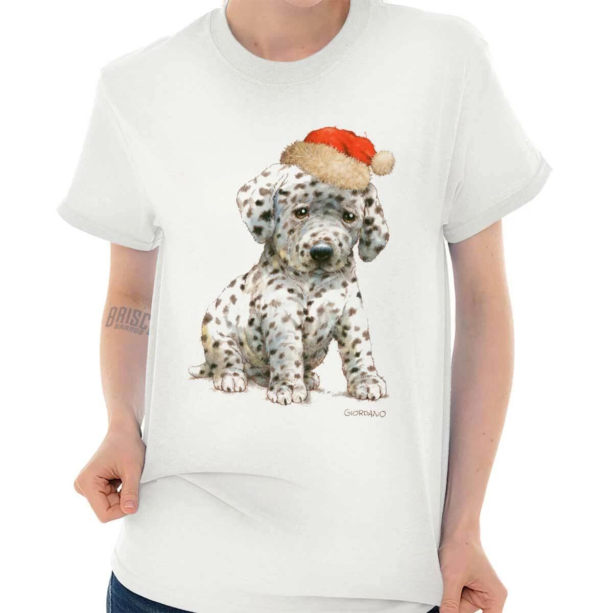Cute Christmas Santa Dalmatian Puppy Xmas Womens Graphic Crewneck T Shirt Tee 3XL
