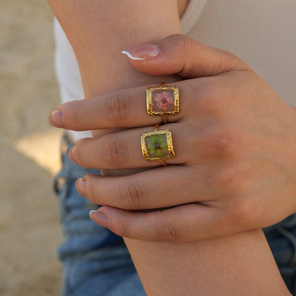 Stainless Steel Summer Transparent Ring Korean Style Open Ring Retro Eternal Flower Ring  Friend