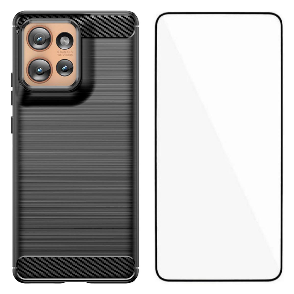 

For Motorola Edge 50 5G Case with Screen Film WANLONFENG LS Series Big Lens Hole Brushed Texture TPU Phone Cover Black