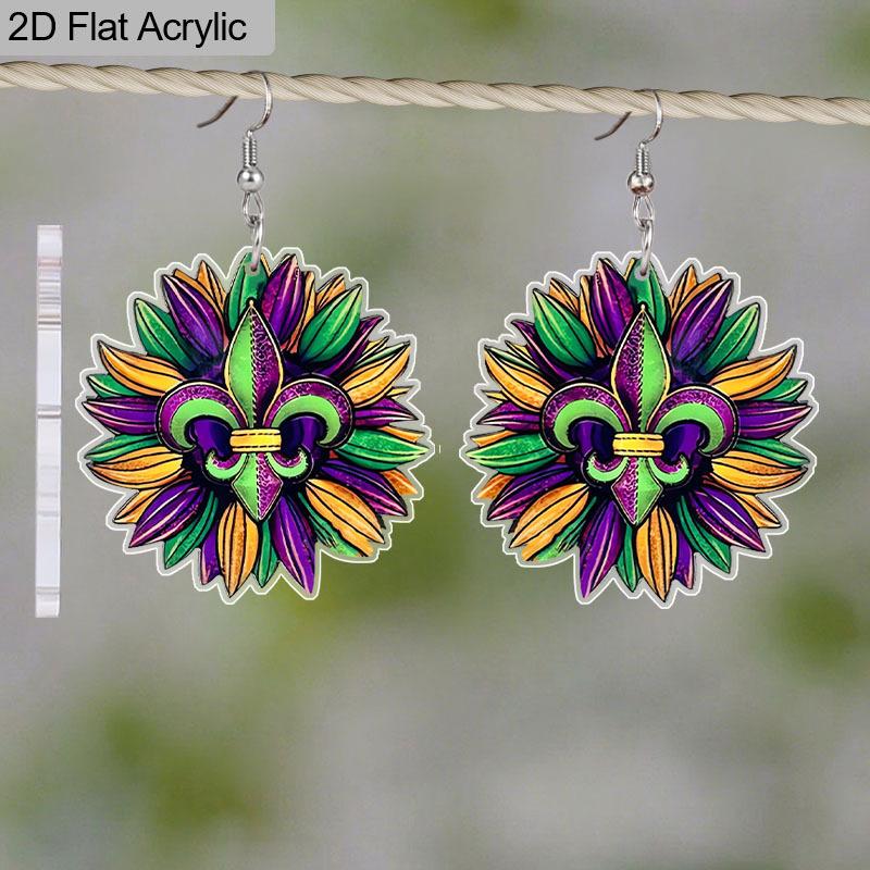 2D Mardi Gras Carnival Festival Pattern Ear Jewelry Dangle Earring Daily Outfits Party Accessories Perfect Gift for Family/ Friends