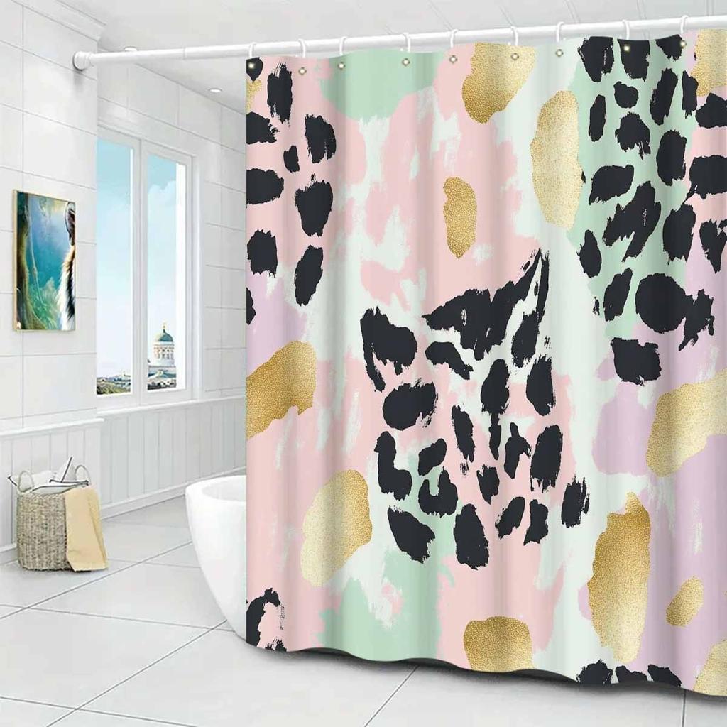 1 Fashion Leopard and Gold Foil Print Shower Curtain - Abstract Watercolor Design, Polyester, with 12 Hooks, Bathtub Accessories