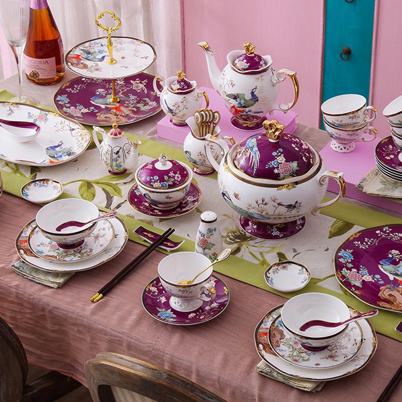 Exquisito Juego de Cuenco y Plato de Cerámica China: Vajilla Creativa Festiva de Porcelana Ósea con Cuencos, Platos y Cucharas