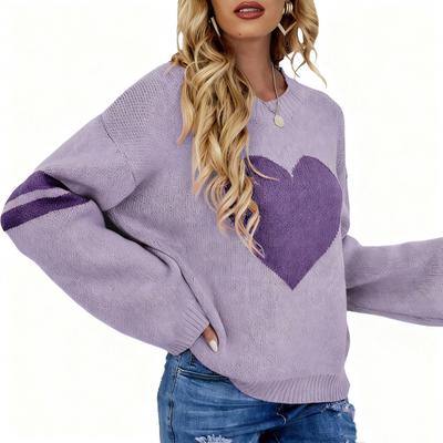 Women's Winter Versatile Long Sleeve Contrast Color Valentine's Day Love Loose Knitted Round Neck Pullover Sweater