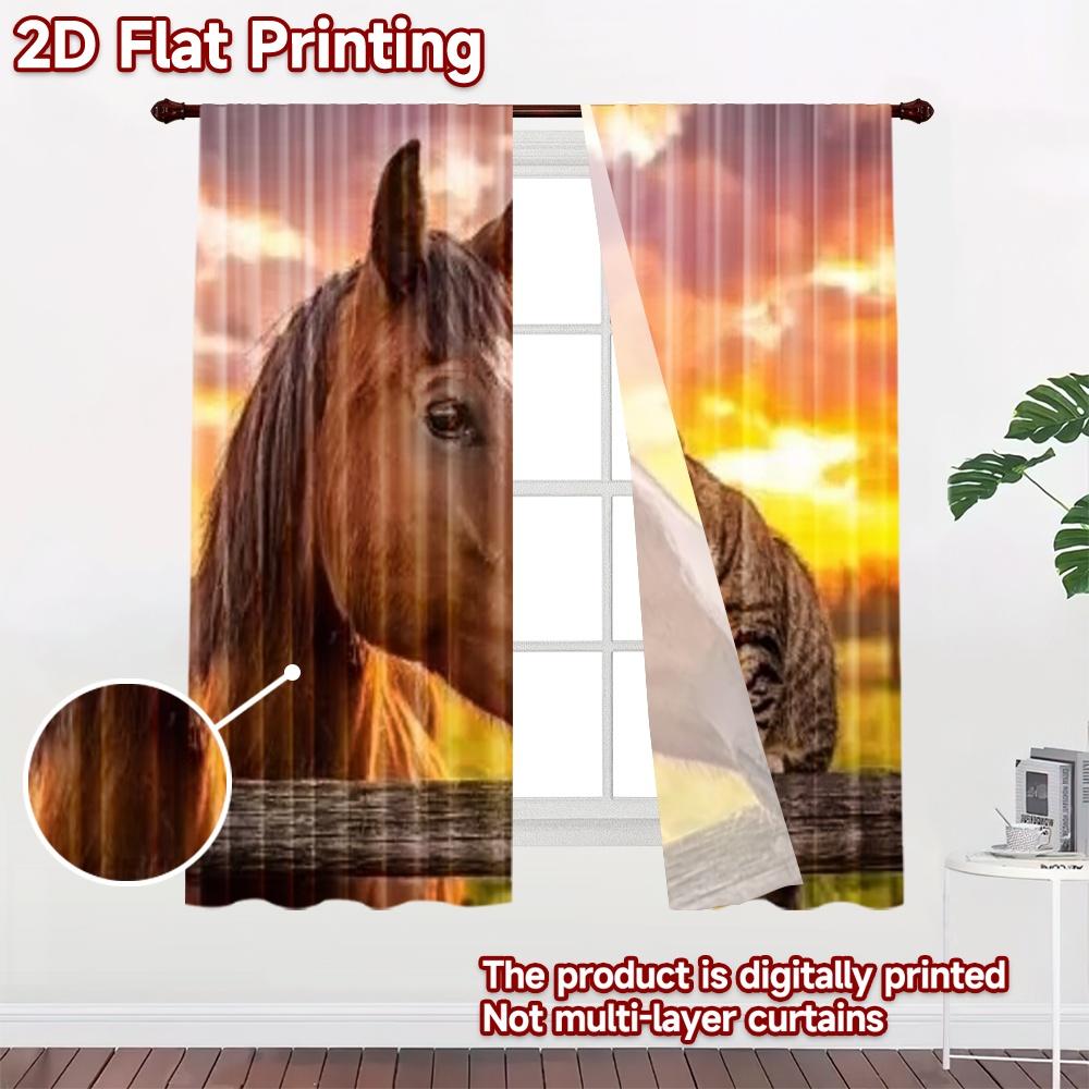 2D Flat Printing 2pcs Curtain Drapes Horse and Cat Sunset Digital Printed Polyester Drapes Family Party Decoration Perfect for
