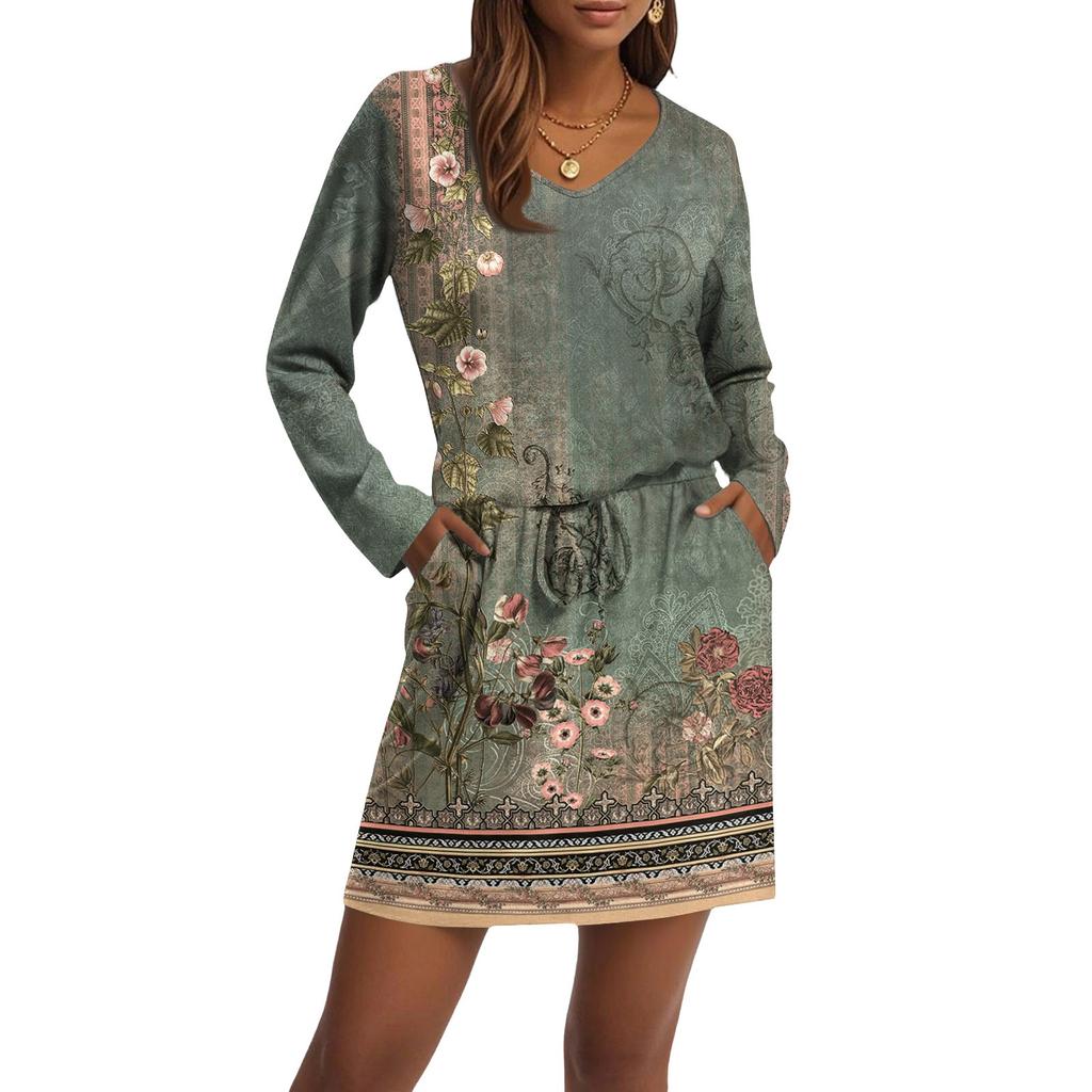 Women's Fashion V-Neck Long Sleeve Drawstring With Pocket Floral Print Casual Dresses
