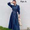 Shop   Women Ripple Collar Neck Button Open Belted Denim Long Sleeve Long Dress 