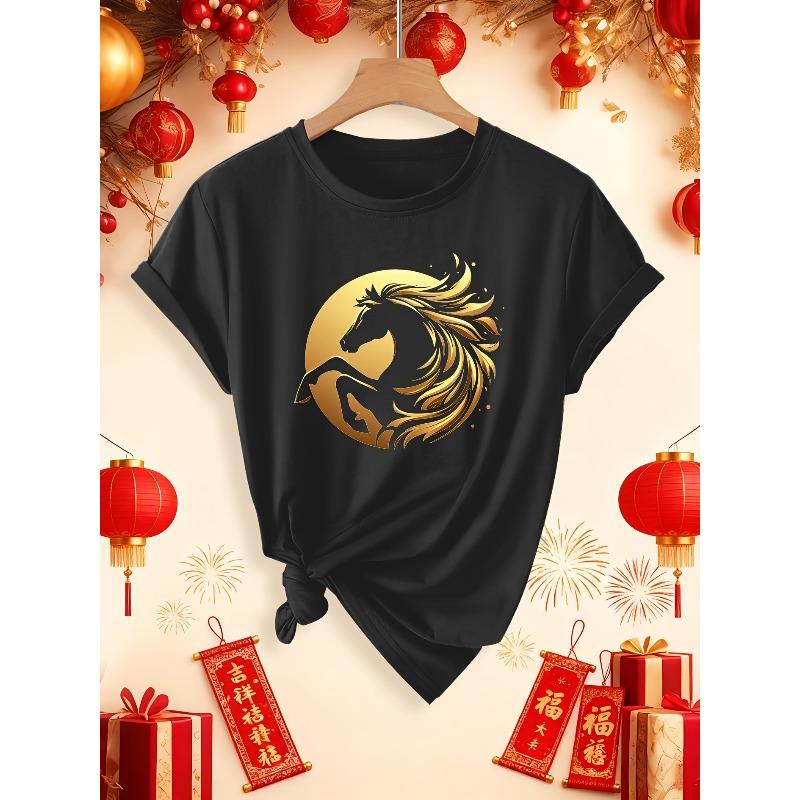 

European Size Women s Chinese Zodiac Horse T-Shirt - Short Sleeve Round Neck Top with Horse Graphic & Zodiac Design, for Chinese New Year Outfits 4XL чорний
