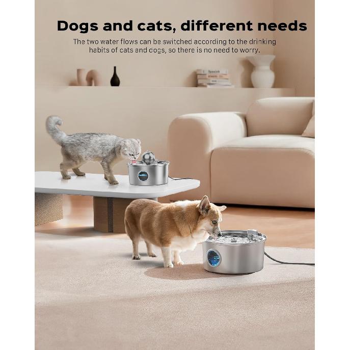 Fontanna do picia dla kota ze stali nierdzewnej:z 6 filtrami węglowymi + 3 sztuki fontanna na wodę dla zwierząt 108oz/3,2L Ciche fontanny dla kotów z okienkiem poziomu wody Kot