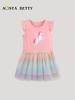 Unicorn Print European & American Style Girls' Princess Dresses In Knitted Cotton