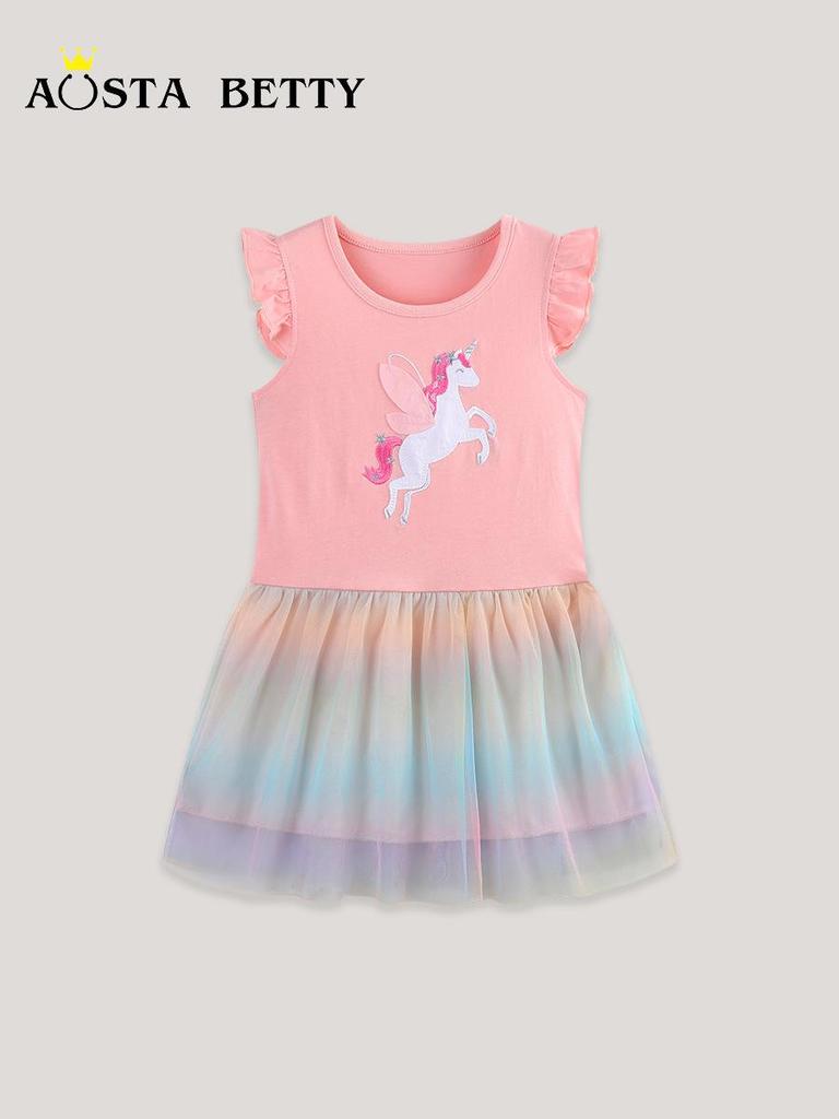 Unicorn Print European & American Style Girls' Princess Dresses In Knitted Cotton