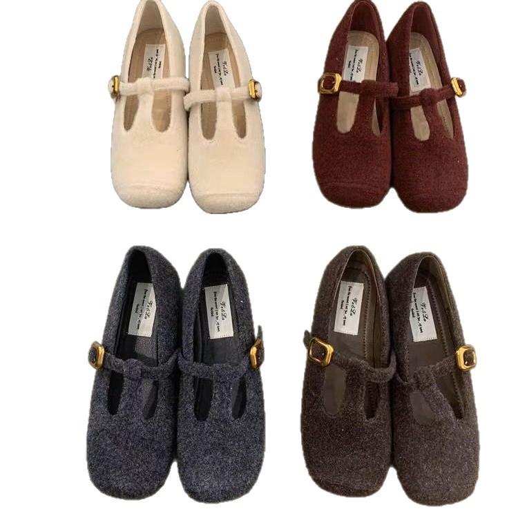 Retro Mary Jane Shoes Women's 2025 Autumn New French Temperament Elegant Woolen Square Head Shallow Mouth Soft Sole Evening Shoes