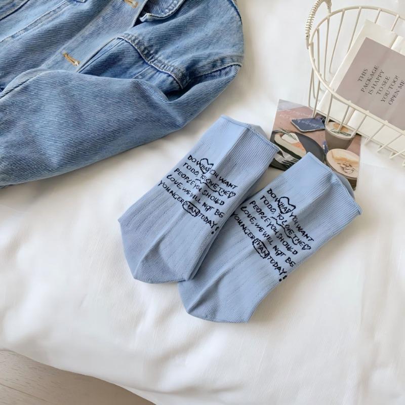 

Женские тонкие весенне-летние новые однотонные носки-трубы из хлопка с надписью на пятке, дышащие 1 pair синий