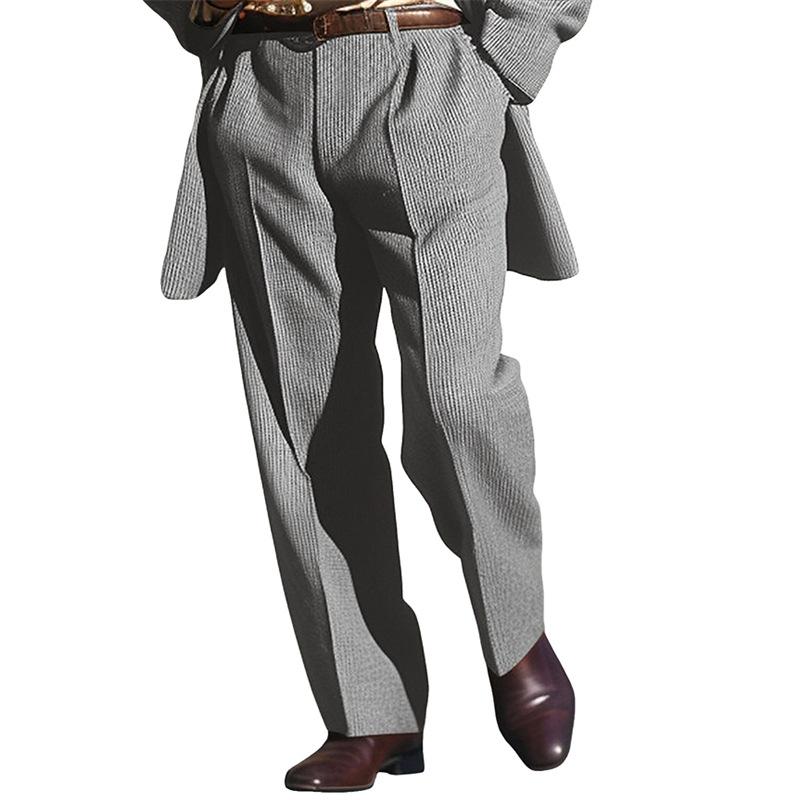Men's Brown Corduroy Pleated Wide-Leg Dress Pants with Relaxed Fit