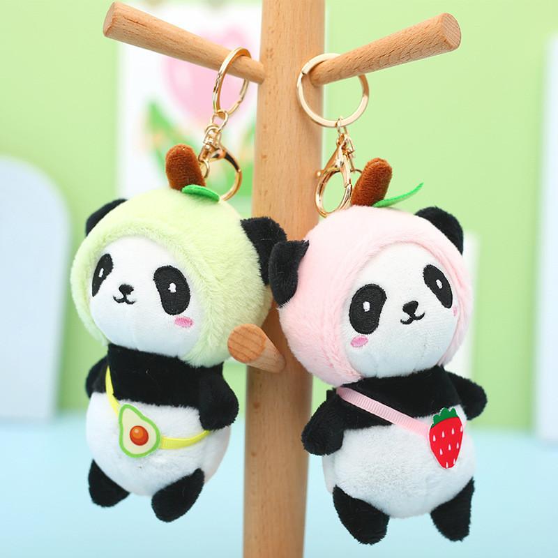 Adorable Panda Plush Keychain Strawberry Bear Soft Furry Car Bag Charm 12cm