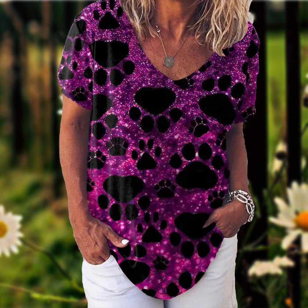 New Rainbow Watercolor Dog Paw 3D Printing T-shirt Women's V-neck Casual Short-sleeved Y2k Top Harajuku Tees Clothing