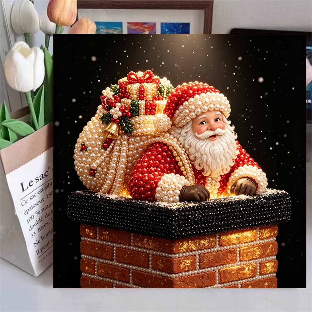 Framed Pearl Art DIY Kit with Santa Claus Chimney Pattern 3D Sparkling Bead Canvas Painting Handmade Gift for Home Decoration Wall Art
