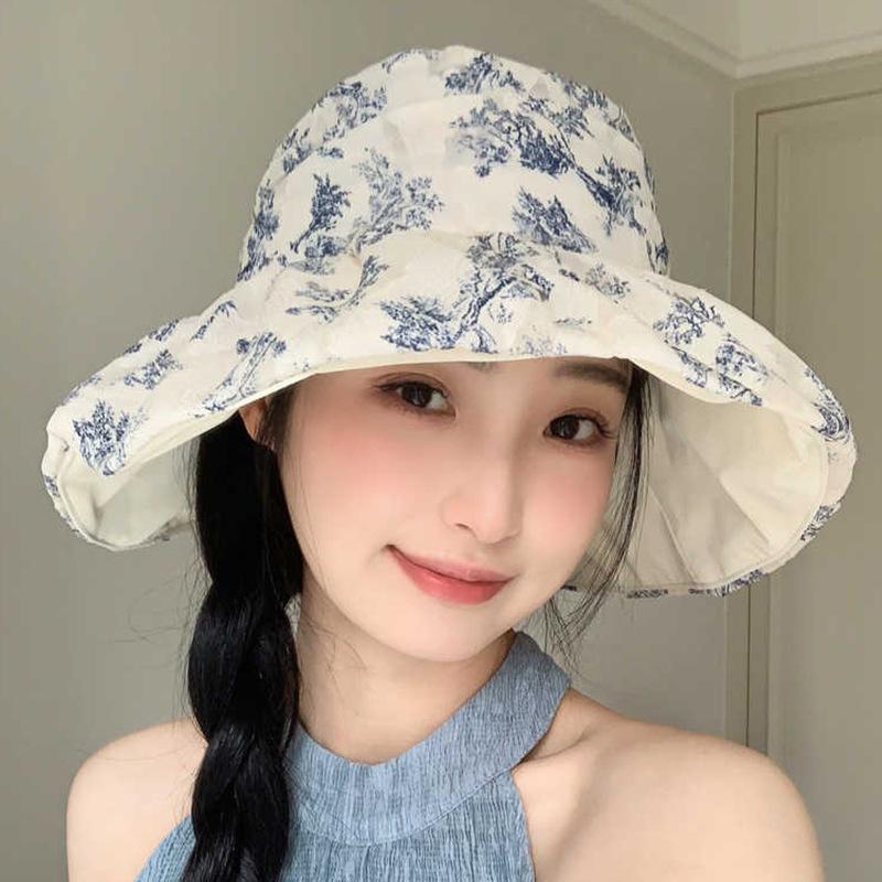 Foldable Sun Hat Children Spring and Summer Sun Protection Sun Hat Blue and White Porcelain Big Eaves Casual Bucket Hat Show Small Face