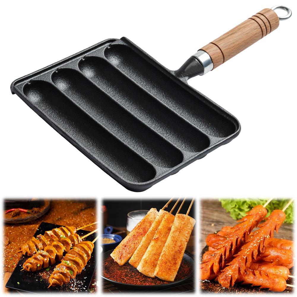 Iron Pre-Seasoned Pot Non-Stick Pot for Grilled Sausage with Wooden Handle Pre-Seasoned Grilled Sausage Pot Sausage Fry Pan