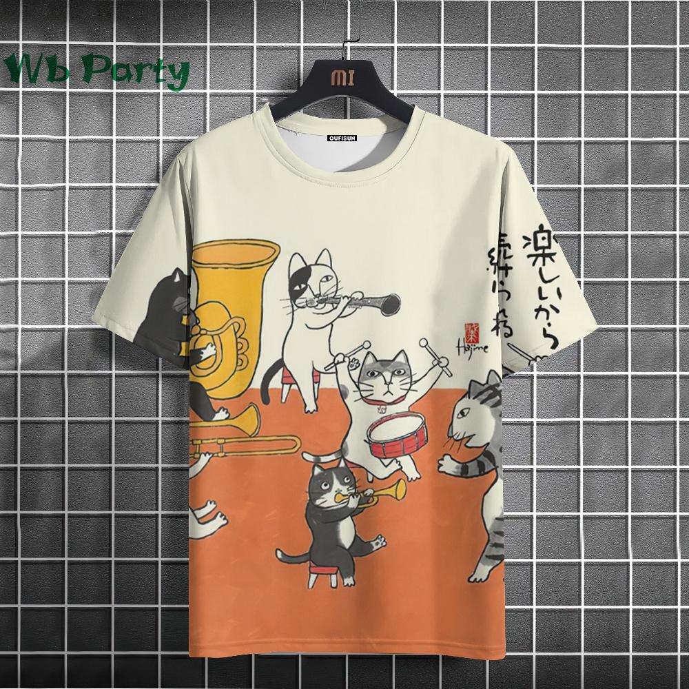 Summer Round Neck 3D Japanese Style Cartoon Cat Print Top Fashionable Casual Short Sleeved Men's T-shirts
