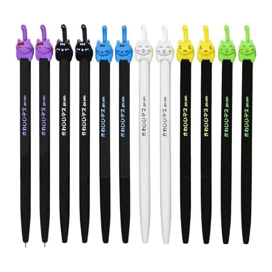 Maydahui Cute Animal Cat Gel Pens 12 Pack 0.5mm Black Ink Pens for Journaling, Fun Stationery, and Gifts
