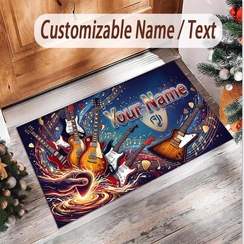 Music Guitar Theme Soft Crystal Velvet Rug Custom Name & Text Print Non Slip Floor Rug for Bedroom Living Room
