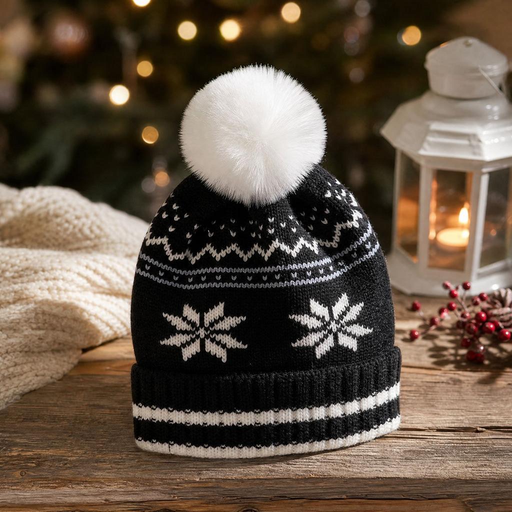 Unisex Kids Warm Knitted Winter Hat with Snowflake Pattern for Christmas
