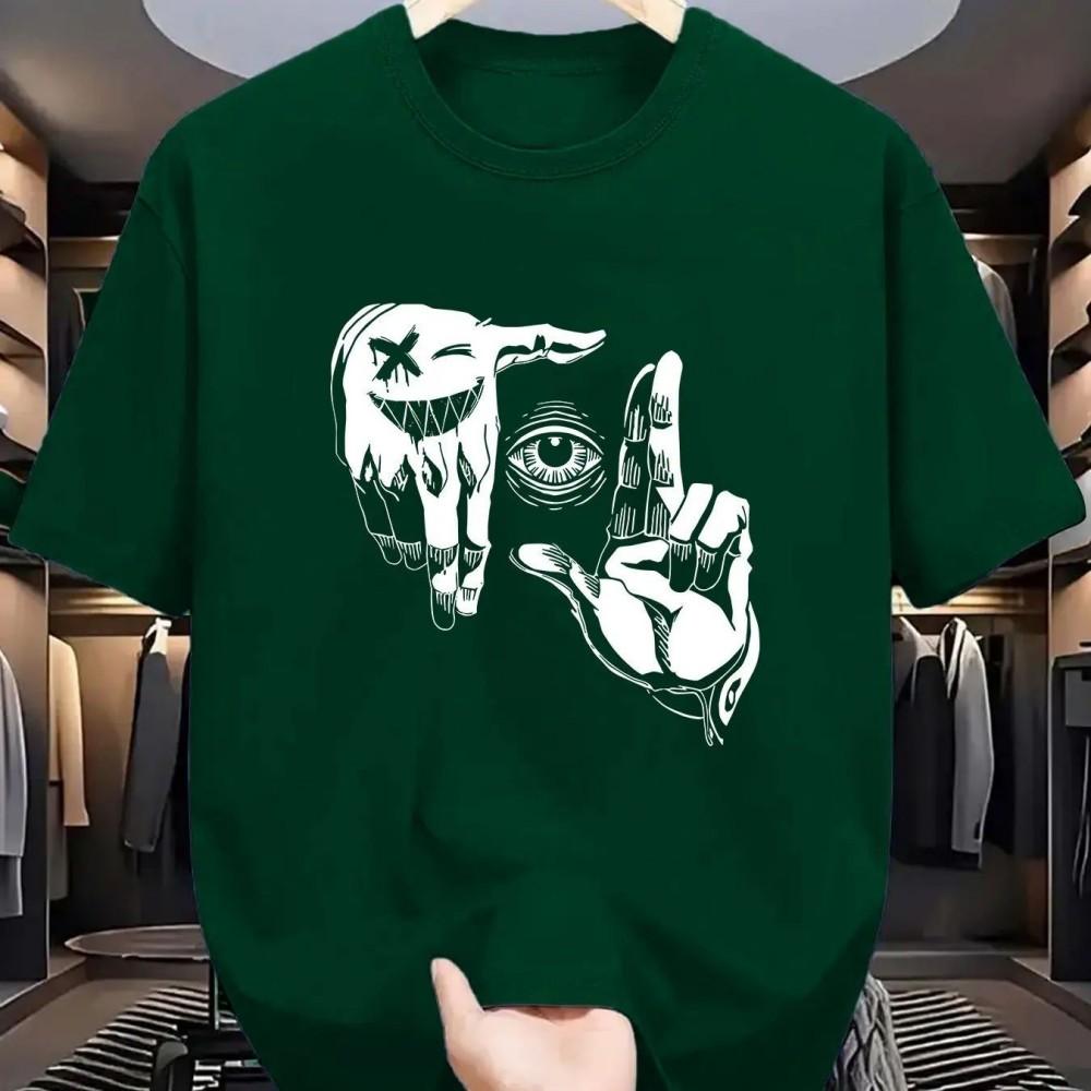 2025 Summer Men's Polyester Casual Breathable Round Neck T-shirt with Gesture Eye Personalized Pattern Printed Outdoor Top