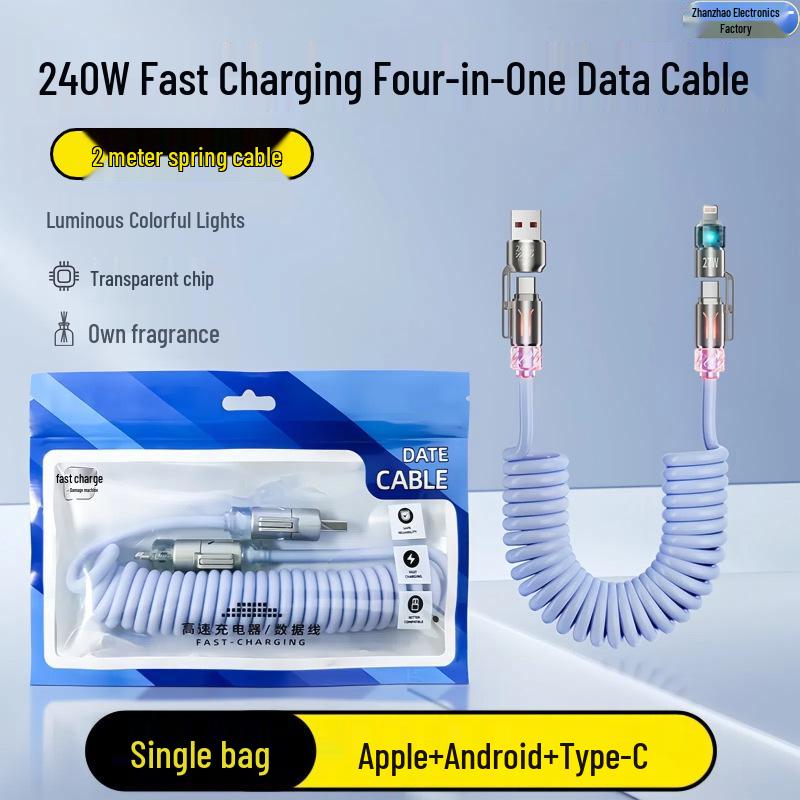

Spot Spring Type-C Retractable Fast Charging 4-in-1 Data Cable for Huawei & Apple Ice Blue [Aromatherapy Spring Cable 240W*2m]