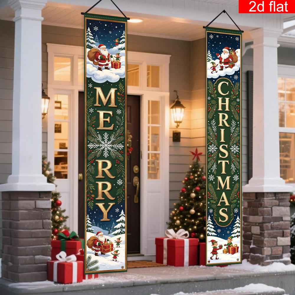 2D Flat, 2pcs 2pcs Merry Christmas Banner Suitable for Front Door & Patio Decorations - Dark Green Snowy Santa Claus Elf Pine Branches with Red Berrie