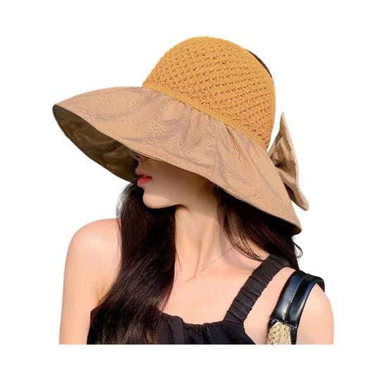 Sun Hat with Bow Design Foldable Breathable Hollow Woven Large Brim Jacquard Fabric UV Protection Face Slimming Summer Travel Hat
