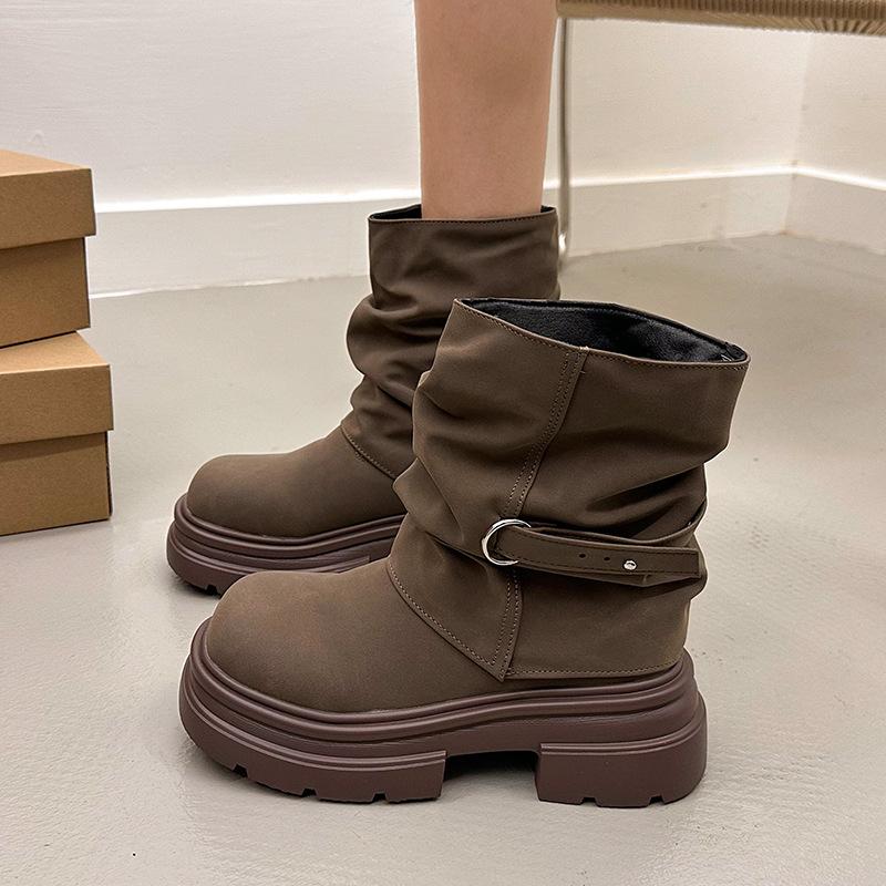 Brown Platform Martin Boots Women's New Spring and Autumn Single Boots Heightened Trousers British Style Maillard Short Boots