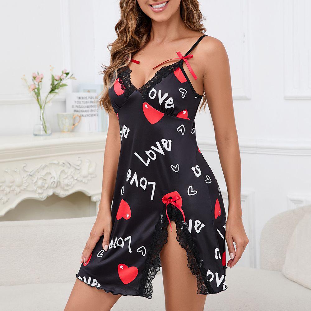 Europejsko-amerykańska damska letnia koszula nocna z dekoltem w serek, bez pleców, z nadrukiem