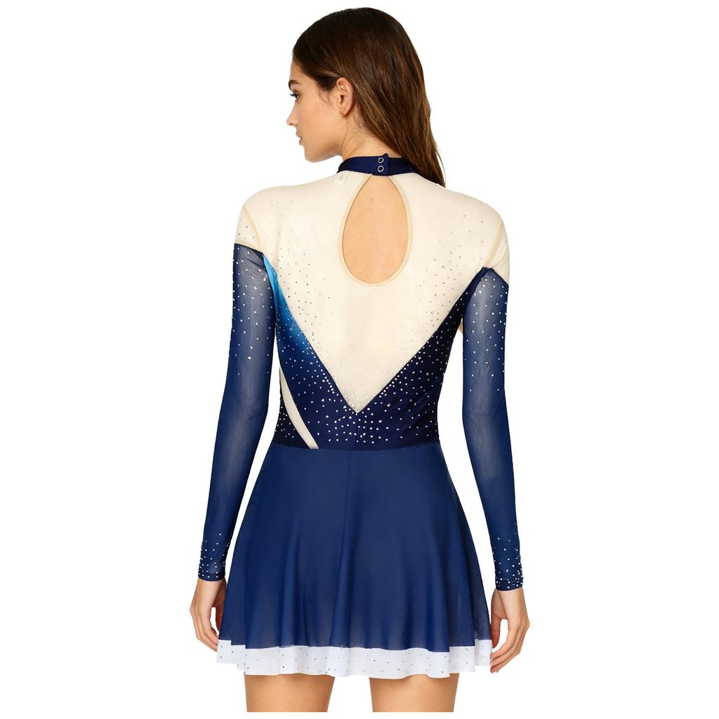 Dame Kunstløpskjole Skinnende Rhinestones Gradient Farge Mock Neck Mesh Langermet Dansetøy