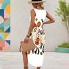 Women Plus Size White Sleeveless U Neck Halloween Ghost Pumpkin Printed Dress High Side Slit Curved Hem