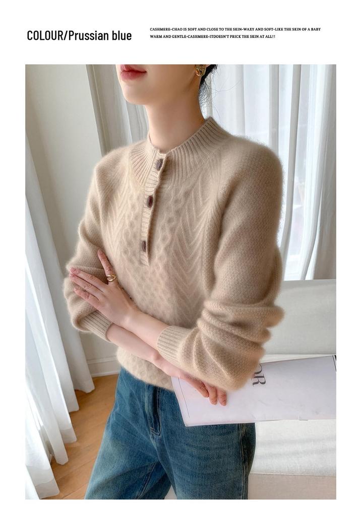 Women's Thickened Cashmere Sweater - Half-High Collar, Half-Button Cable Knit, Loose & Slimming Design