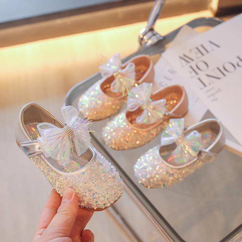 Rhinestone Round Toe Soft Children's Flat Shoes Lace Bow 2024 Spring Hook & Loop Girl Delicate Sweet Mary Jane for Party Wedding