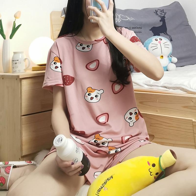 

GMXIA Summer Pajama Women s Round-neck Thin Short-sleeved and Short Pants Cartoon Cute Girls Youthful Home Wear Set M