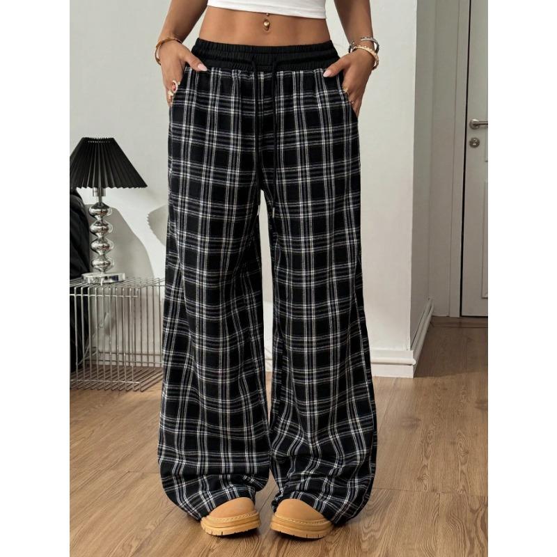 Loose Lazy Straight Leg Plaid High Waist Casual Sports Pants S чёрный