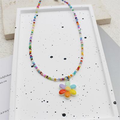 Bohemia Korean Lover Colorful Flower Heart Pendant Choker Resin Multicolor Rice Beaded Necklace For Women Girls Gifts