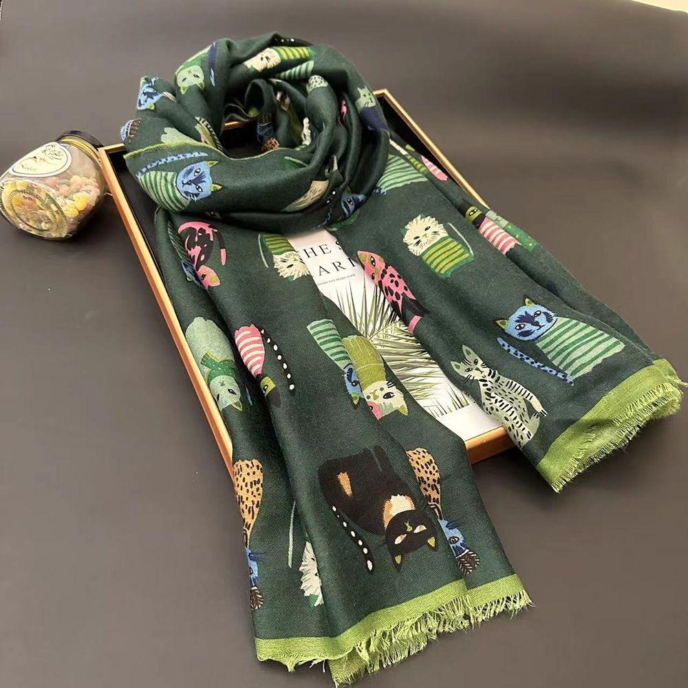 Lovely Animal Cartoon Cute Cat Pattern Fringe Viscose Scarf Lady Girls Print Soft Shawls and Wraps Pashmina Muslim Hijab Sjaal