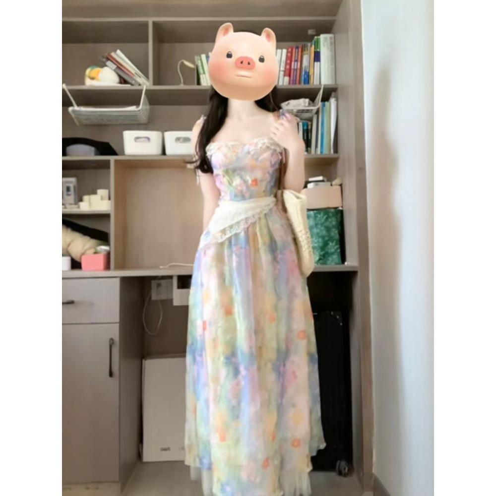 Color tie-dye floral suspender dress women's summer dopamine covering arms  seaside vacation temperament women's long dress