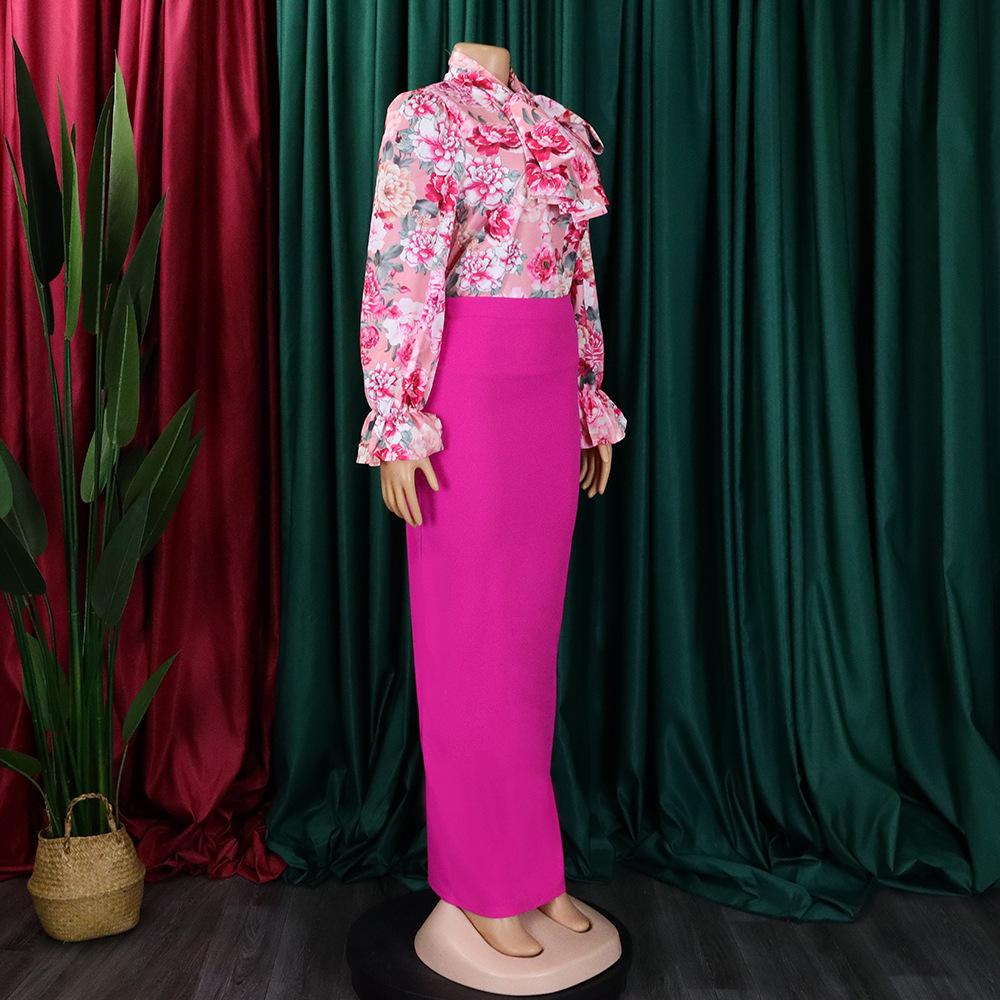 YYFS Women's Fashion Casual Flower Pattern Print Autumn Winter Long Sleeve Skirt Suits