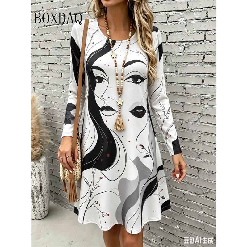 Dress Women's 2026 Autumn Fashion Streetwear Clothing Abstract Painting Face Print Dresses Loose Casual Long Sleeve A-Line Dress