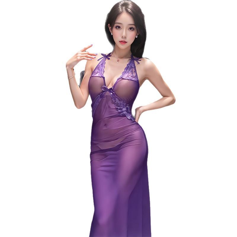 Sex Underwear Deep V Lace Perspective Mesh Nightdress Purple Sexy Suspender Bow Hip Wrap Long Skirt Set