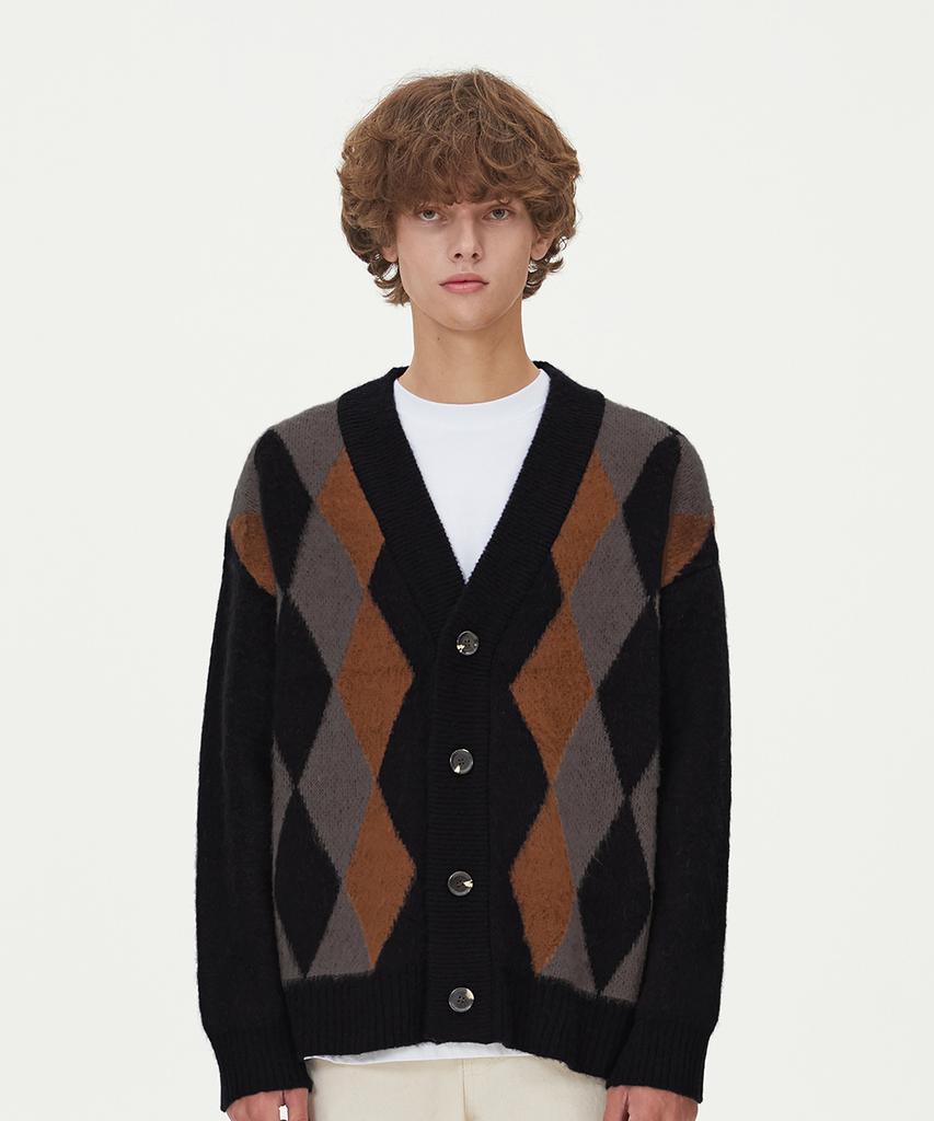 Blond9 Brushed Argyle Knit Cardigan_Black