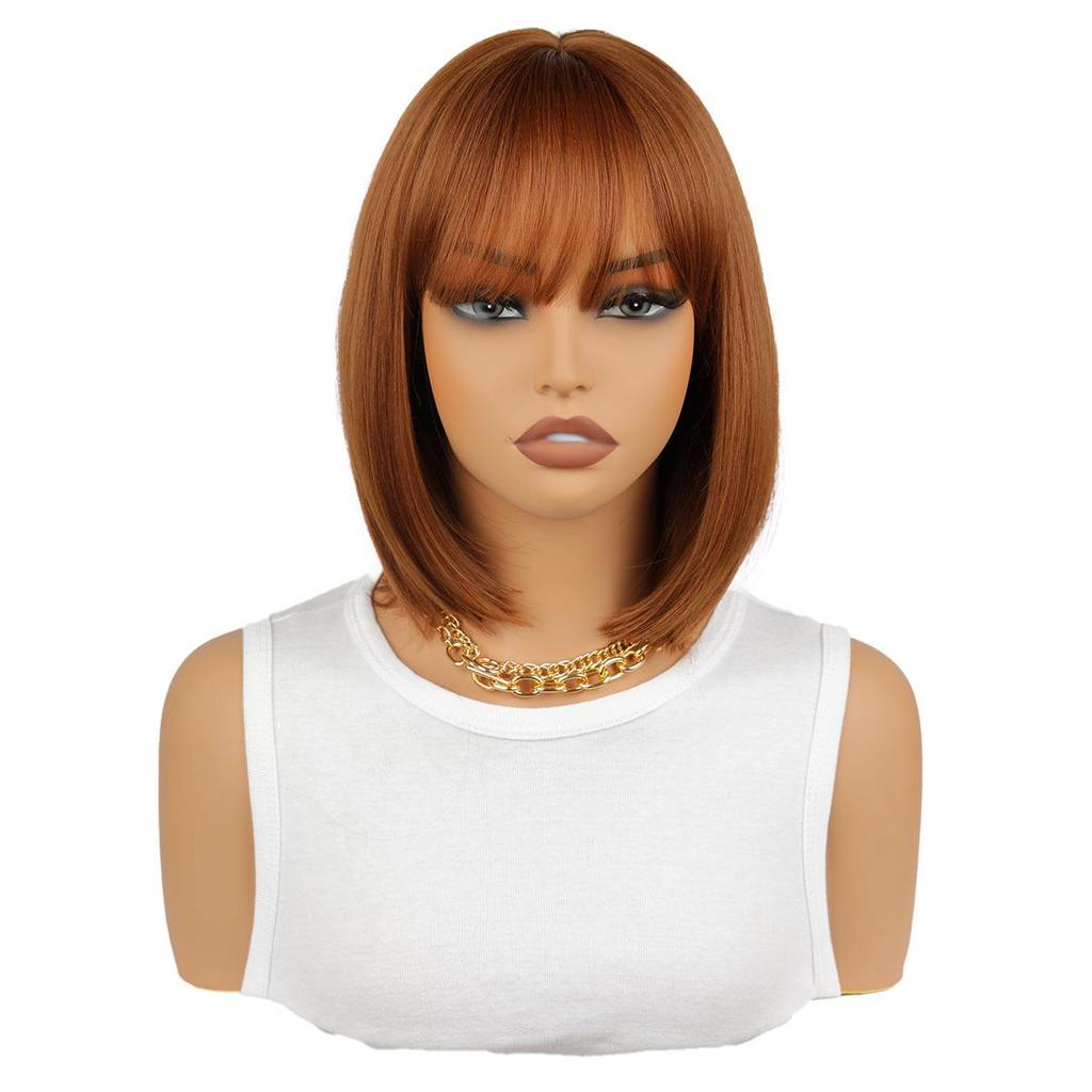 European & American Brown Bob Wig with Bangs - Short Straight Synthetic Hair